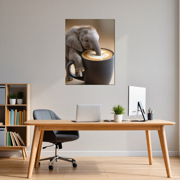 Leinwandbild Kaffeegenuss mit Elefant B-00016 fuer Buero und Arbeitszimmer dunkelanthrazit Hochformat