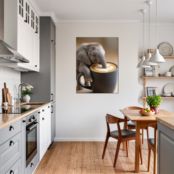 Leinwandbild Kaffeegenuss mit Elefant B-00016 fuer Kueche und Esszimmer grauoderbeige Hochformat