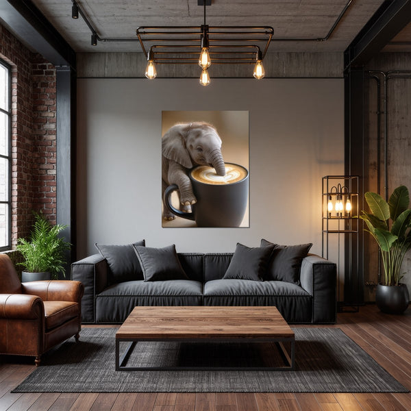 Leinwandbild Kaffeegenuss mit Elefant B-00016 fuer Wohnzimmer dunkelanthrazit Hochformat