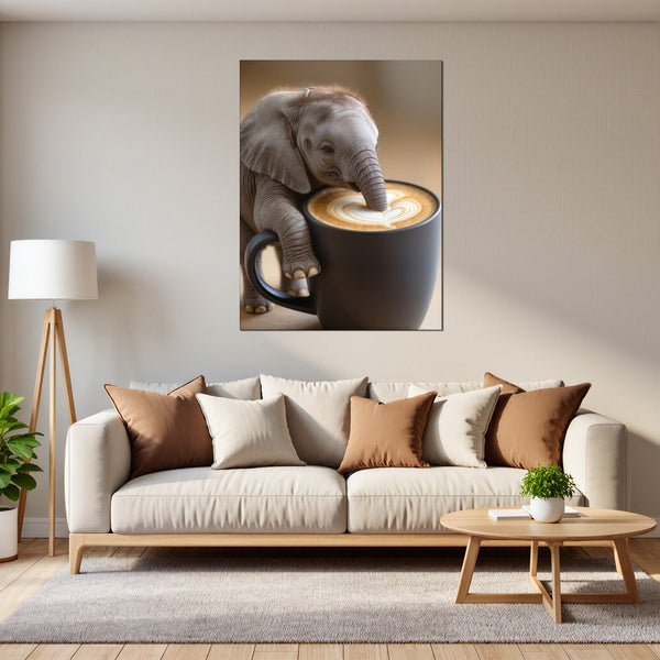 Leinwandbild Kaffeegenuss mit Elefant B-00016 fuer Wohnzimmer grauoderbeige Hochformat