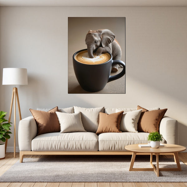 Leinwandbild Kaffeegenuss mit Elefant fuer Wohnzimmer grauoderbeige Hochformat