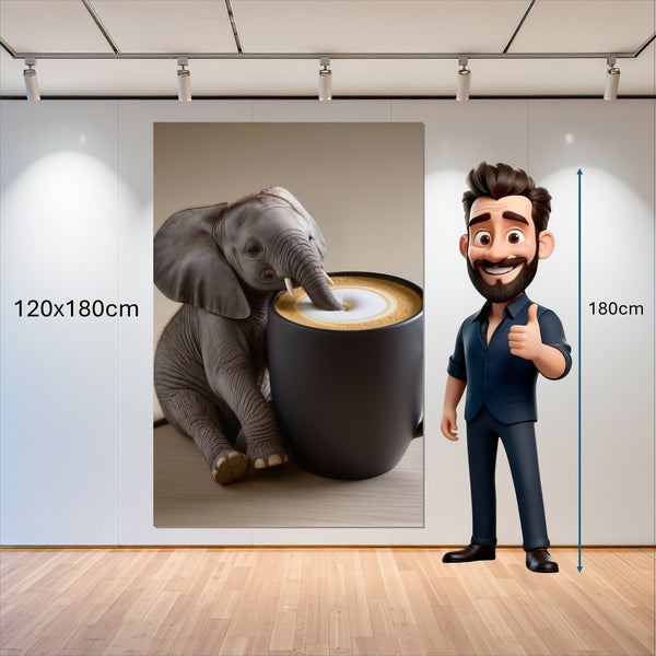 Leinwandbild Kaffeegenuss mit einem kleinen Elefanten 120x180 cm Hochformat