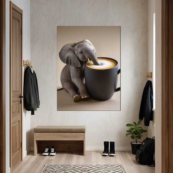 Leinwandbild Kaffeegenuss mit einem kleinen Elefanten fuer Flur und Eingang grauoderbeige Hochformat