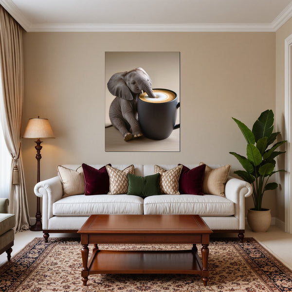 Leinwandbild Kaffeegenuss mit einem kleinen Elefanten fuer Wohnzimmer warmeFarben Hochformat