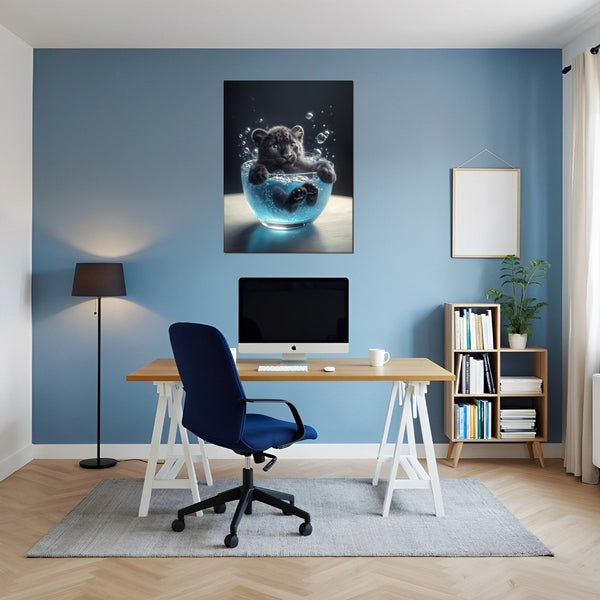 Leinwandbild Kleiner Leopard im Wasser fuer Buero und Arbeitszimmer blau Hochformat