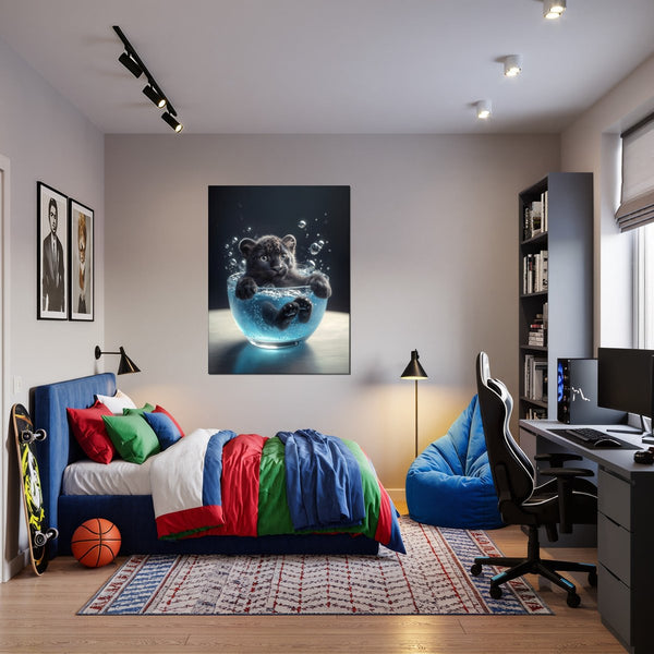 Leinwandbild Kleiner Leopard im Wasser fuer Jugendzimmer warmeFarben Hochformat