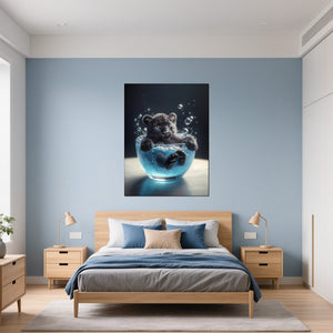 Leinwandbild Kleiner Leopard im Wasser fuer Schlafzimmer blau Hochformat