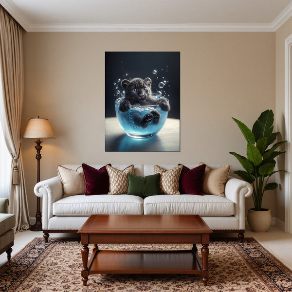 Leinwandbild Kleiner Leopard im Wasser fuer Wohnzimmer warmeFarben Hochformat