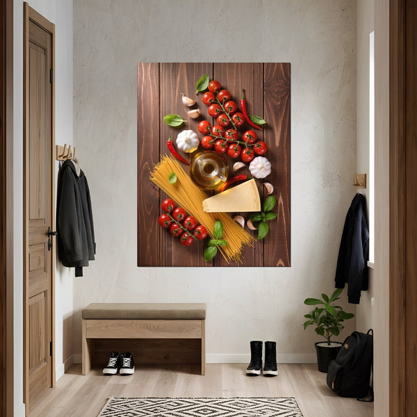 Leinwandbild Kulinarische Harmonie fuer Flur und Eingang grauoderbeige Hochformat