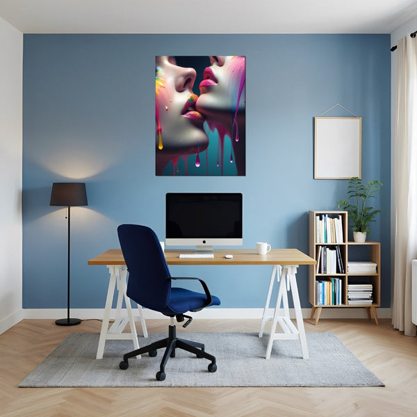 Leinwandbild Kunst der Berührung fuer Buero und Arbeitszimmer blau Hochformat