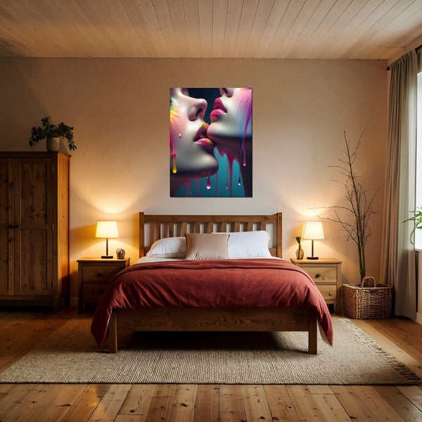 Leinwandbild Kunst der Berührung fuer Schlafzimmer warmeFarben Hochformat