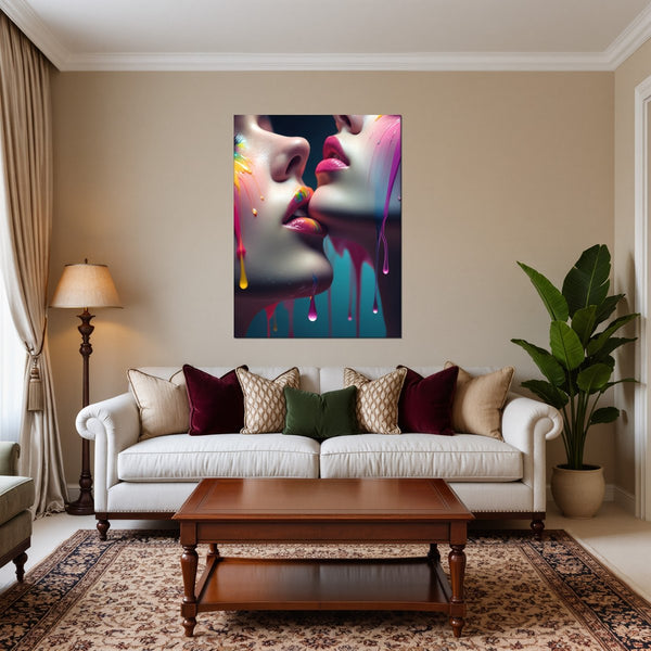 Leinwandbild Kunst der Berührung fuer Wohnzimmer warmeFarben Hochformat