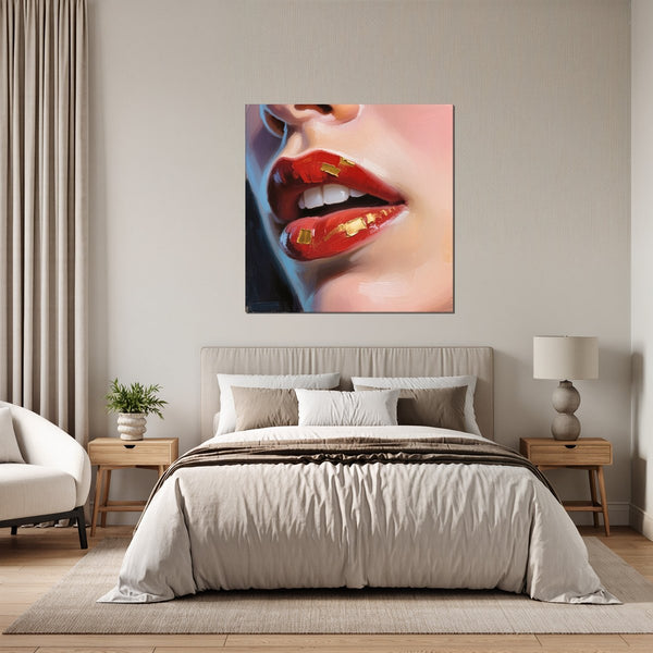 Leinwandbild Kunstvolle Lippen fuer Schlafzimmer grauoderbeige Quadrat