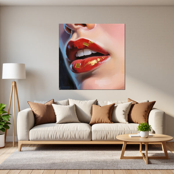 Leinwandbild Kunstvolle Lippen fuer Wohnzimmer grauoderbeige Quadrat