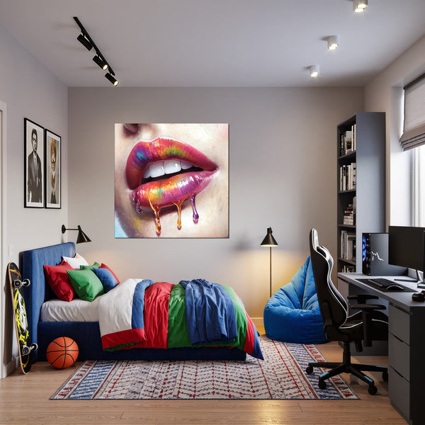 Leinwandbild Lebendige Lippen mit Farbträumen fuer Jugendzimmer warmeFarben Quadrat