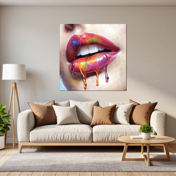 Leinwandbild Lebendige Lippen mit Farbträumen fuer Wohnzimmer grauoderbeige Quadrat