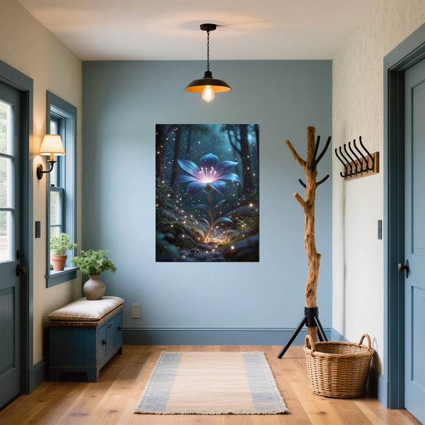 Leinwandbild Leuchtende Blüte im Wald fuer Flur und Eingang blau Hochformat