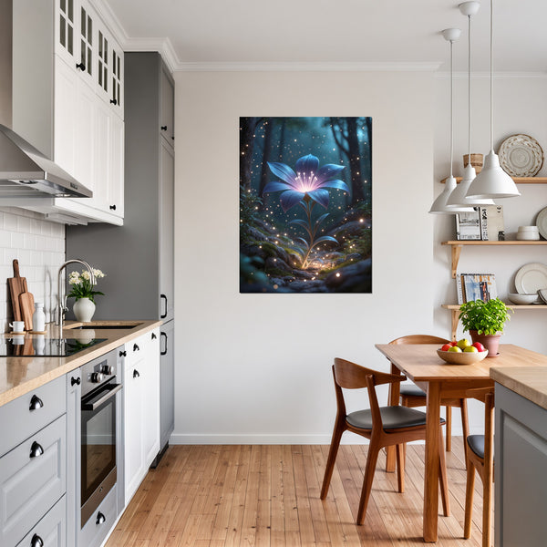 Leinwandbild Leuchtende Blüte im Wald fuer Kueche und Esszimmer grauoderbeige Hochformat