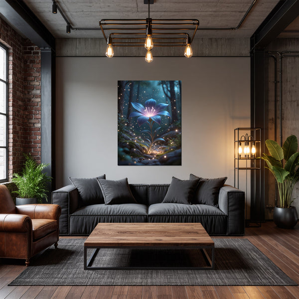 Leinwandbild Leuchtende Blüte im Wald fuer Wohnzimmer dunkelanthrazit Hochformat