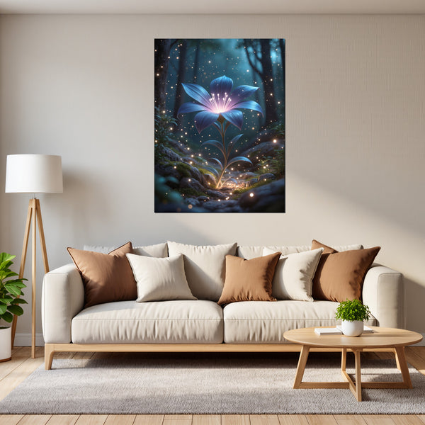 Leinwandbild Leuchtende Blüte im Wald fuer Wohnzimmer grauoderbeige Hochformat