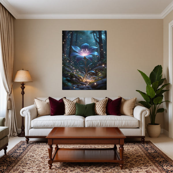 Leinwandbild Leuchtende Blüte im Wald fuer Wohnzimmer warmeFarben Hochformat