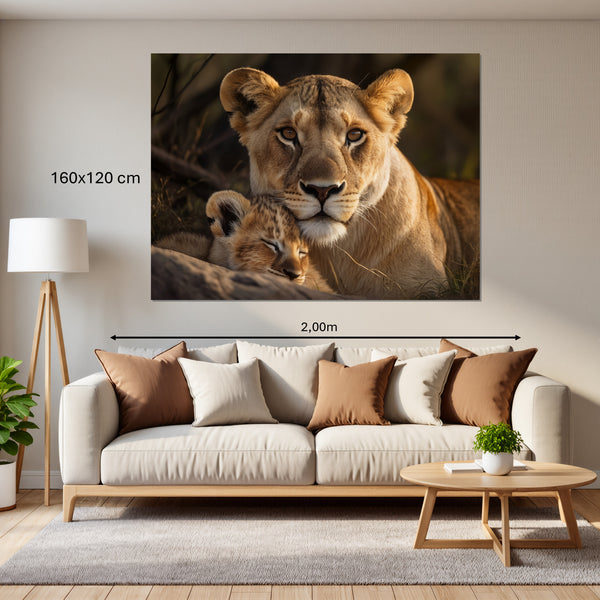Leinwandbild Löwenmutter mit Jungtier160x120 cm Querformat
