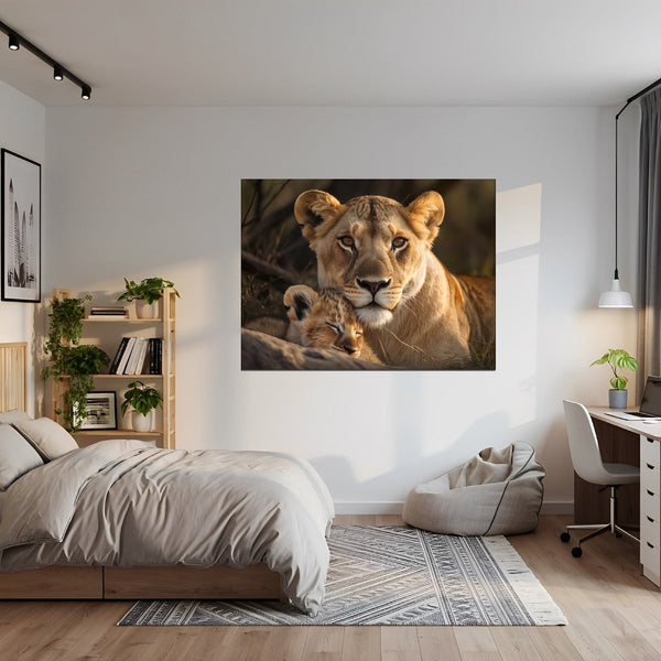 Leinwandbild Löwenmutter mit Jungtier fuer Jugendzimmer grauoderbeige Querformat
