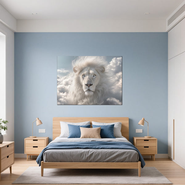 Leinwandbild Majestätischer Löwe im Himmel fuer Schlafzimmer blau Querformat