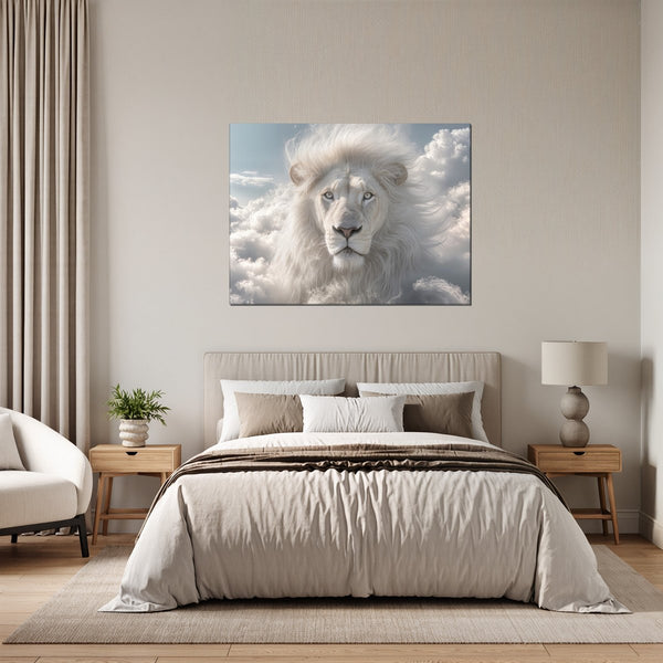 Leinwandbild Majestätischer Löwe im Himmel fuer Schlafzimmer grauoderbeige Querformat