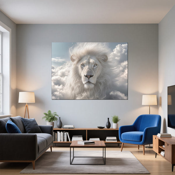 Leinwandbild Majestätischer Löwe im Himmel fuer Wohnzimmer blau Querformat
