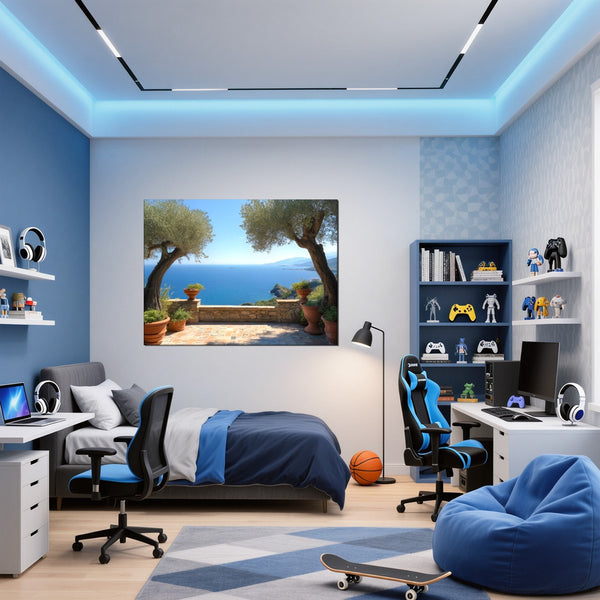 Leinwandbild Mediterrane Aussicht fuer Jugendzimmer blau Querformat