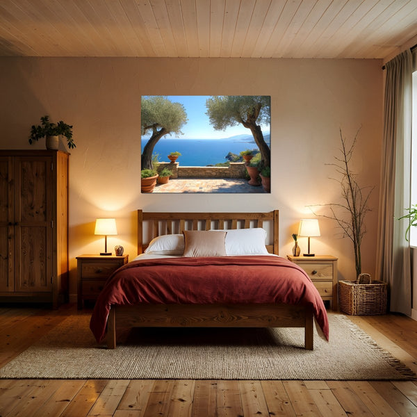 Leinwandbild Mediterrane Aussicht fuer Schlafzimmer warmeFarben Querformat