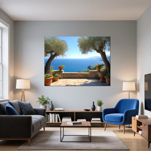 Leinwandbild Mediterrane Aussicht fuer Wohnzimmer blau Querformat