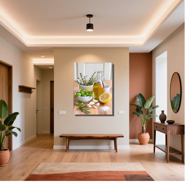 Leinwandbild Mediterrane Köstlichkeiten fuer Flur und Eingang warmeFarben Hochformat