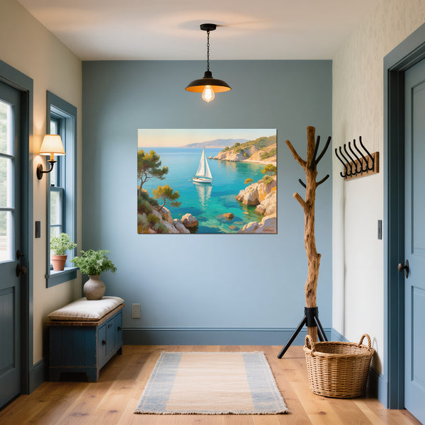 Leinwandbild Mediterranes Segelabenteuer fuer Flur und Eingang blau Querformat