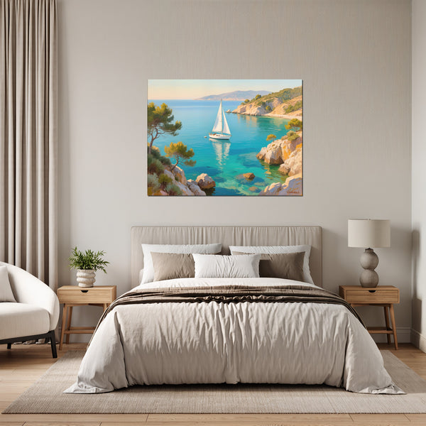 Leinwandbild Mediterranes Segelabenteuer fuer Schlafzimmer grauoderbeige Querformat