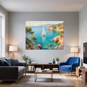 Leinwandbild Mediterranes Segelabenteuer fuer Wohnzimmer blau Querformat
