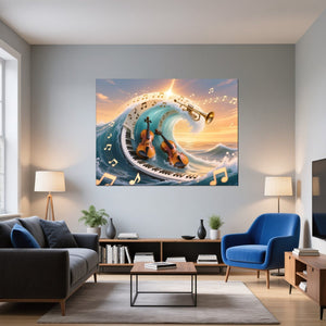 Leinwandbild Musik und Wellen fuer Wohnzimmer blau Querformat