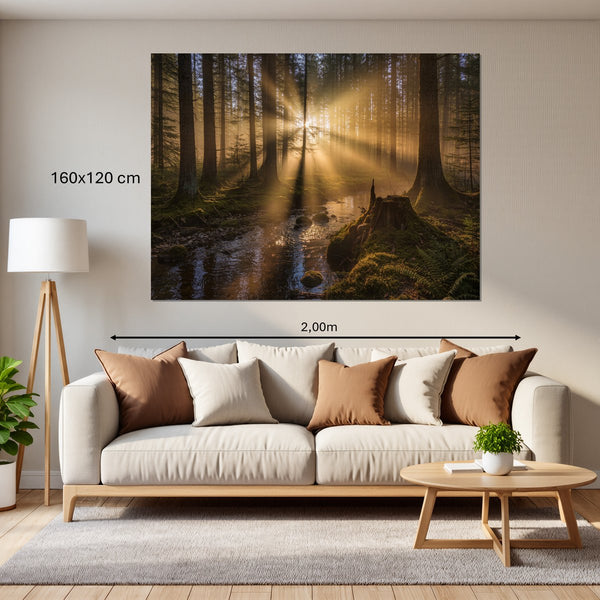 Leinwandbild Mystischer Wald mit Sonnenstrahlen160x120 cm Querformat