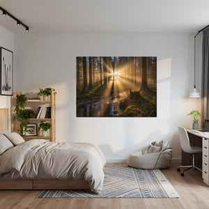 Leinwandbild Mystischer Wald mit Sonnenstrahlen fuer Jugendzimmer gruen Querformat