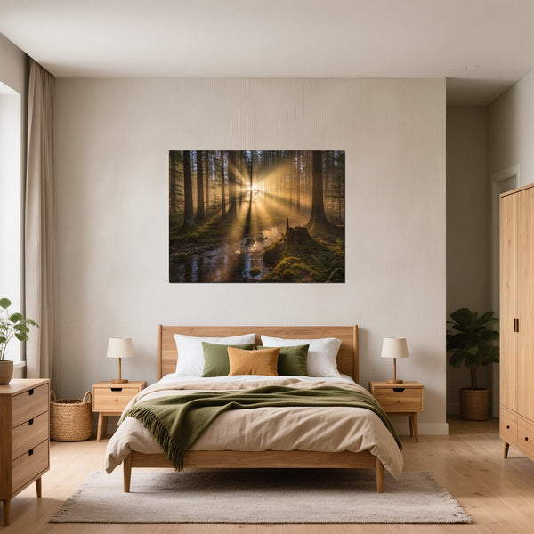 Leinwandbild Mystischer Wald mit Sonnenstrahlen fuer Schlafzimmer gruen Querformat