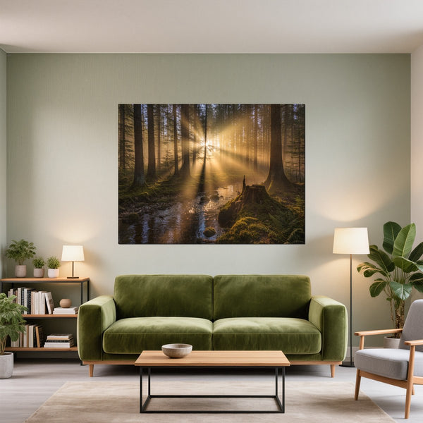 Leinwandbild Mystischer Wald mit Sonnenstrahlen fuer Wohnzimmer gruen Querformat