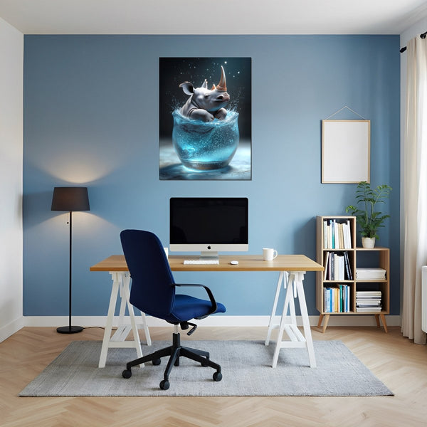 Leinwandbild Rhinoliebe im Glas fuer Buero und Arbeitszimmer blau Hochformat