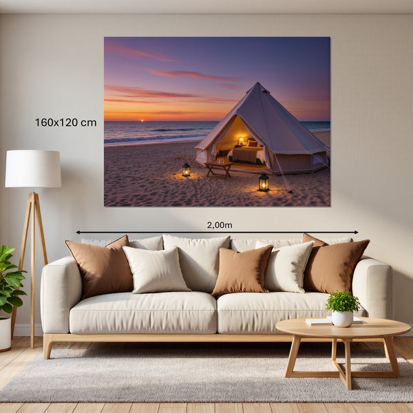 Leinwandbild Romantisches Strandzelt bei Sonnenuntergang B-00019160x120 cm Querformat
