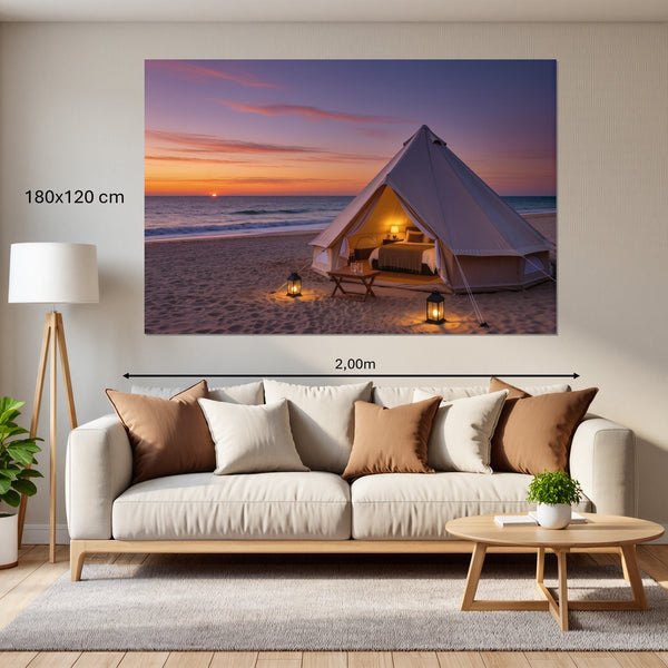 Leinwandbild Romantisches Strandzelt bei Sonnenuntergang B-00019180x120 cm Querformat