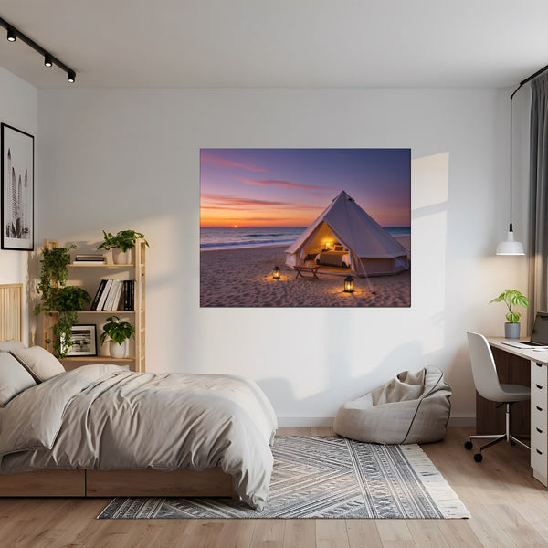 Leinwandbild Romantisches Strandzelt bei Sonnenuntergang B-00019 fuer Jugendzimmer grauoderbeige Querformat