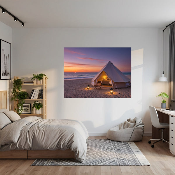 Leinwandbild Romantisches Strandzelt bei Sonnenuntergang B-00019 fuer Jugendzimmer grauoderbeige Querformat