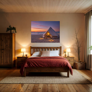 Leinwandbild Romantisches Strandzelt bei Sonnenuntergang B-00019 fuer Schlafzimmer warmeFarben Querformat
