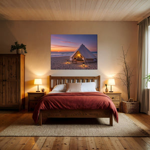 Leinwandbild Romantisches Strandzelt bei Sonnenuntergang B-00019 fuer Schlafzimmer warmeFarben Querformat