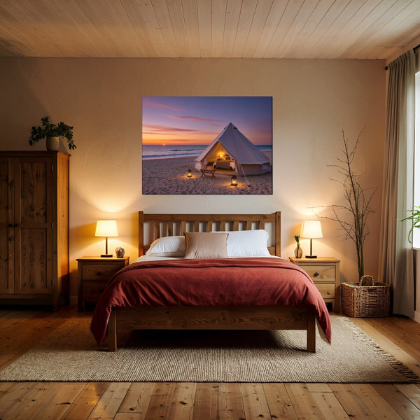 Leinwandbild Romantisches Strandzelt bei Sonnenuntergang B-00019 fuer Schlafzimmer warmeFarben Querformat